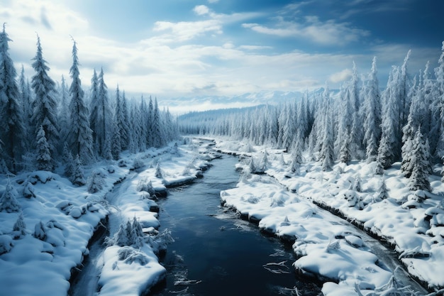 Rivière gelée dans une forêt enneigée d'hiver neige et glace dans la nature beau paysage hivernal