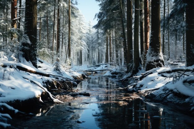 Rivière gelée dans une forêt enneigée d'hiver neige et glace dans la nature beau paysage hivernal