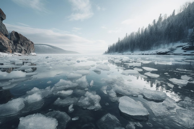 Une rivière gelée avec de la glace et un paysage enneigé