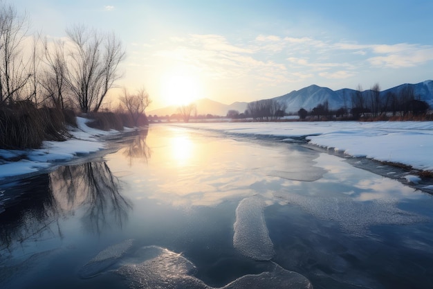 Rivière gelée avec vue sur la chaîne de montagnes lointaine et reflet du ciel