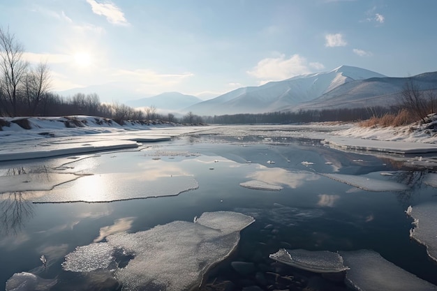 Rivière gelée avec vue sur la chaîne de montagnes lointaine et reflet du ciel