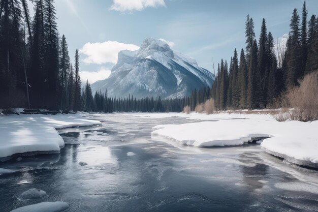 Rivière gelée avec vue sur les hautes montagnes en arrière-plan