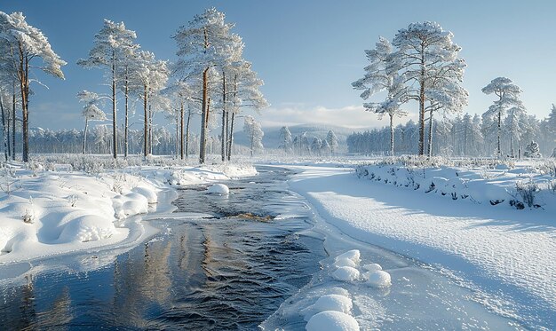 Une rivière avec de la glace et des arbres et une rivière avec du glace.