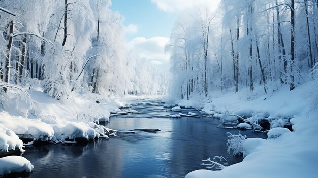 rivière d'hiver parmi la forêt enneigée