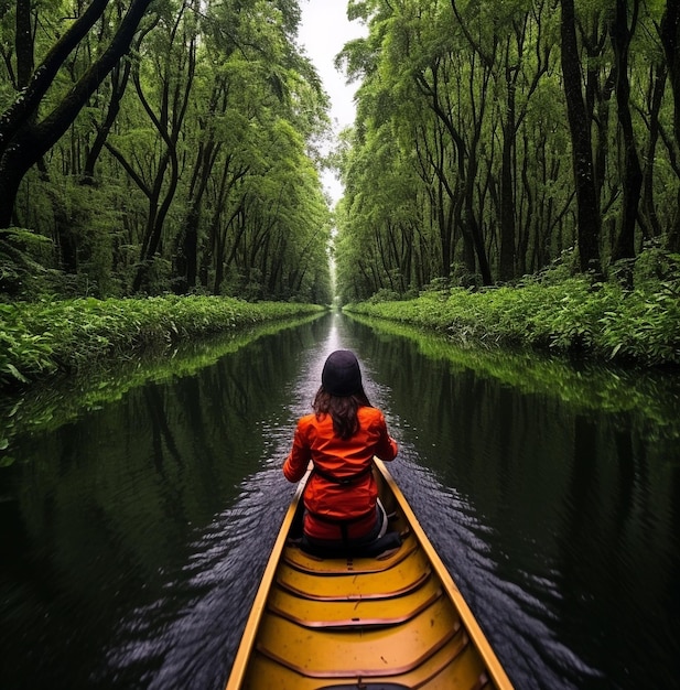 La rivière à la jungle femme guidant un canoë le long d'une rivière d'acajou balayée par la pluie dans l'Amazonie équatorienne