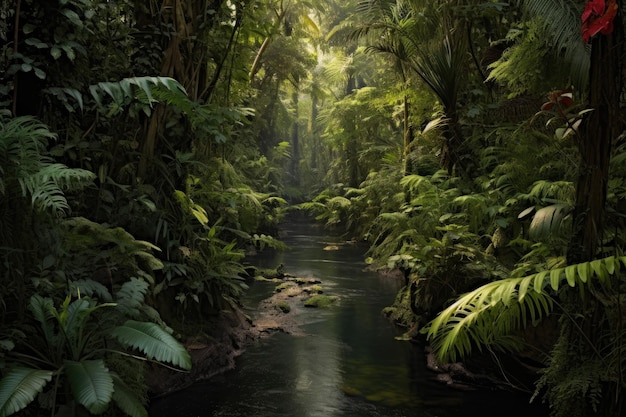 Une rivière de jungle qui serpente à travers la végétation dense.