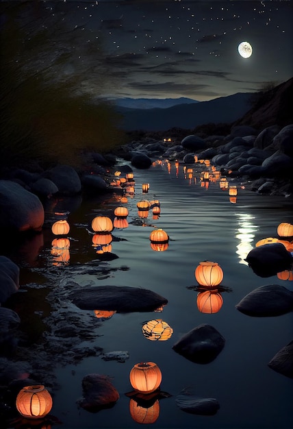 Une rivière avec des lanternes flottant dans l'eau