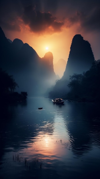 La rivière Li en Chine est un magnifique coucher de soleil.