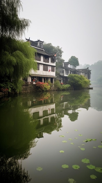 Photo une rivière avec des maisons et des arbres en arrière-plan