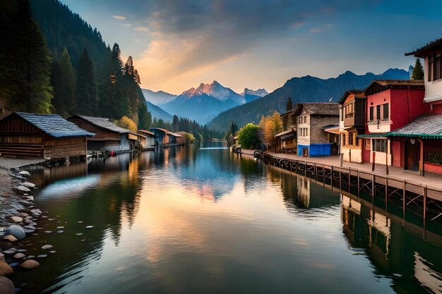 Une rivière avec des maisons et des montagnes en arrière-plan