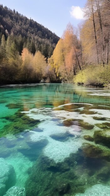 Une rivière avec une montagne en arrière-plan