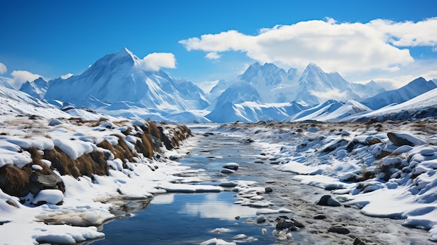 Rivière de montagne dans une forêt enneigée en hiver