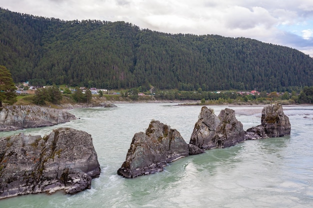 Une rivière de montagne à débit rapide, large et plein. De gros rochers sortent de l'eau