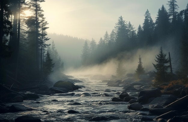 Photo rivière de montagne et matin brumeux dans le paysage forestier des alpes