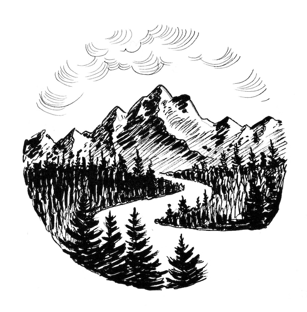 Rivière de montagne et montagnes. Dessin noir et blanc à l'encre