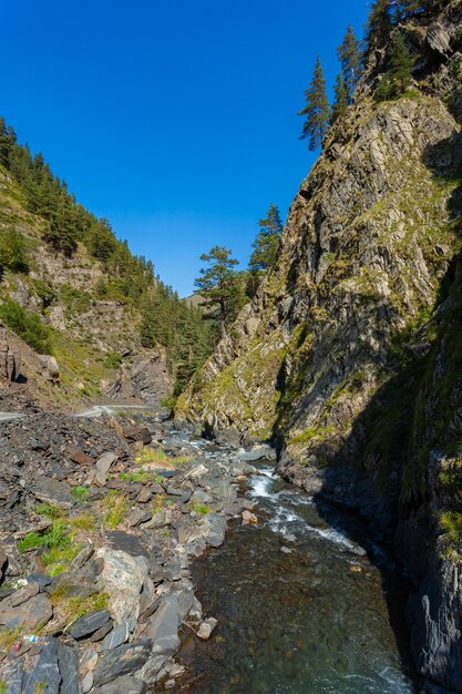 Photo rivière de montagne parmi les rochers de touchétie, traversez la géorgie. caucase