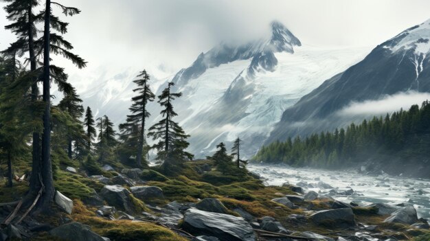 Rivière de montagne Un paysage photoréaliste avec un temps pluvieux et des arbres à feuilles caduques