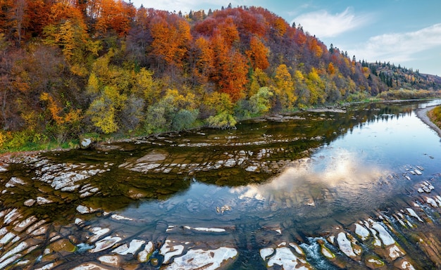 Rivière de montagne peu profonde au pied des forêts en terre cuite