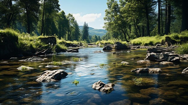 Une rivière de montagne qui coule en cascade à travers une forêt luxuriante et profonde entourée d'arbres imposants