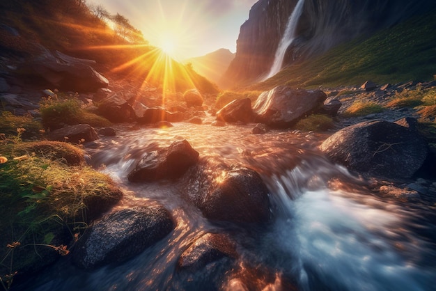 Rivière de montagne qui coule à travers les rochers au coucher du soleil Composition de la nature Generative AI