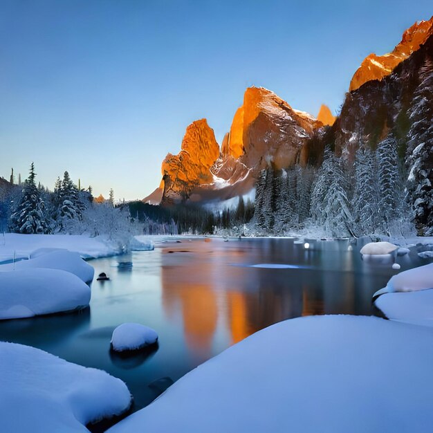 Une rivière avec des montagnes couvertes de neige en arrière-plan