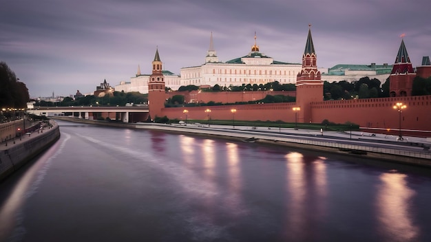 La rivière Moskva avec une longue exposition près du Kremlin le soir à Moscou, en Russie