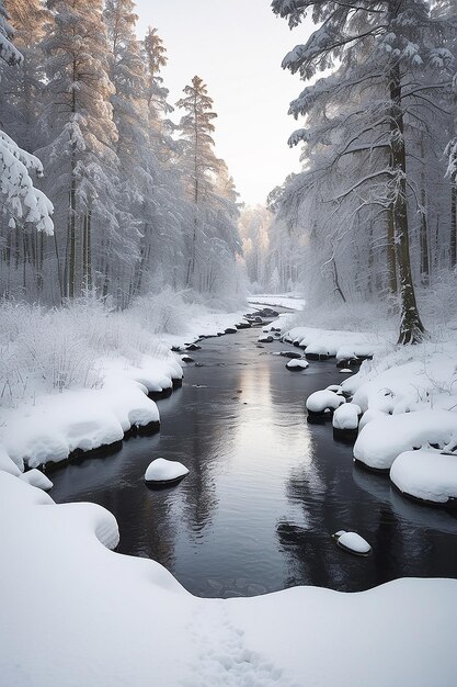 Une rivière avec de la neige et une forêt presque couverte de neige en hiver en Suède