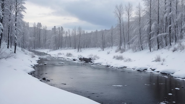 Rivière avec de la neige et une forêt presque recouverte de neige en hiver en Suède