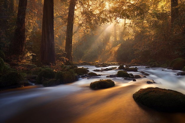 Rivière paisible qui coule à travers la forêt de séquoias avec la lumière du matin et le soleil pommelé en automne