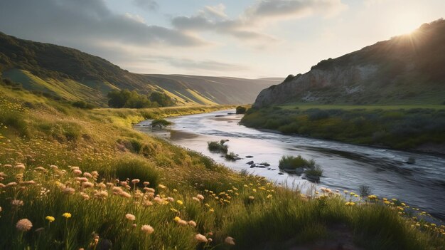 Une rivière paisible qui serpente à travers les collines et les fleurs sauvages