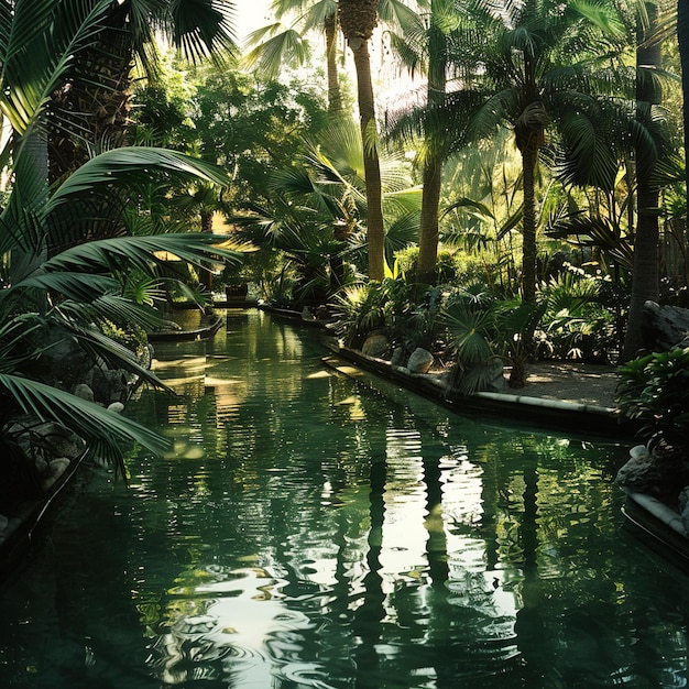 Photo une rivière avec des palmiers et un bateau