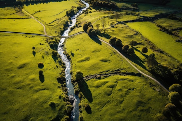 Une rivière pittoresque serpentant à travers un paysage coloré et vibrant de champs verts luxuriants Route dans la campagne de Waikato vue aérienne par drone AI généré AI généré