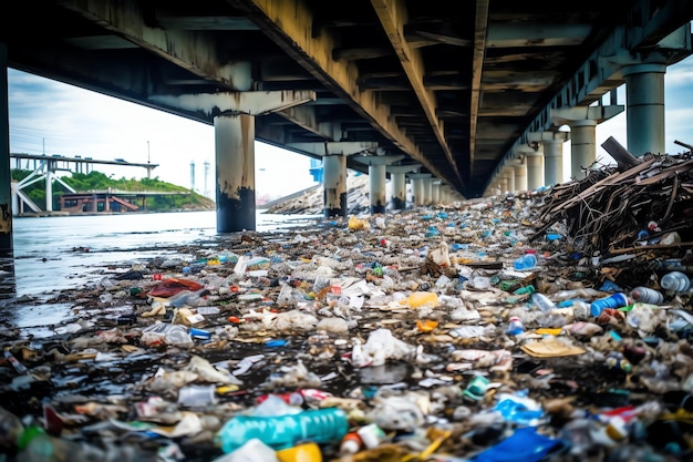 Une rivière polluée se trouve sous un pont qui contient beaucoup de déchets.