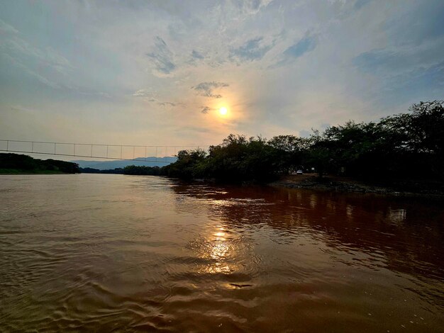 Photo une rivière avec un pont et des arbres en arrière-plan