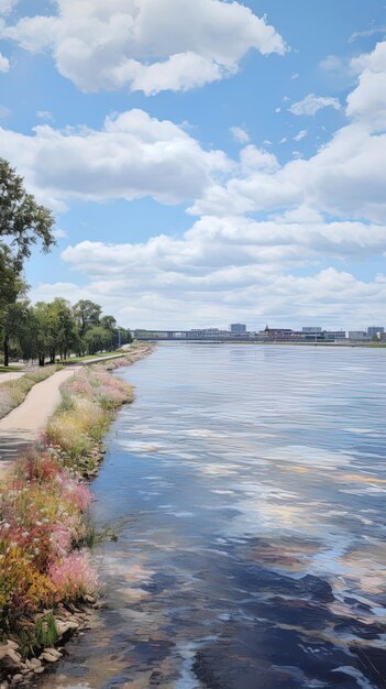 Photo une rivière avec un pont et des arbres sur le côté