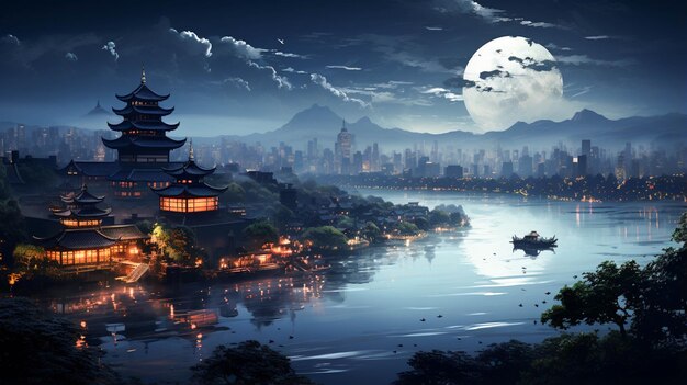 La rivière Qinhuai dans le paysage nocturne au clair de lune de Nanjing