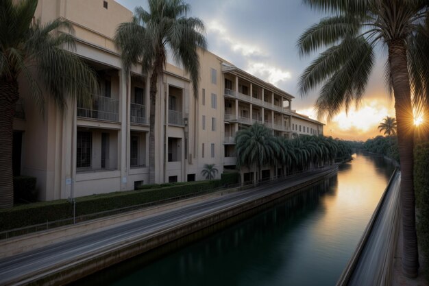 Une rivière qui coule entre deux bâtiments à côté de palmiers IA générative