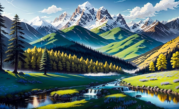 Rivière qui coule à travers les champs de pâturages verts depuis les collines avec des montagnes couvertes de neige Paysage Fond art mural