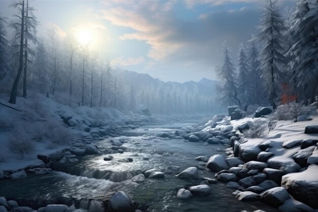 une rivière qui coule à travers une forêt couverte de neige