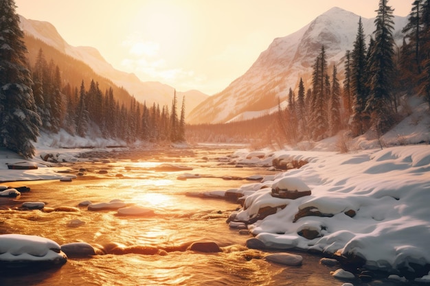 une rivière qui coule à travers une forêt couverte de neige