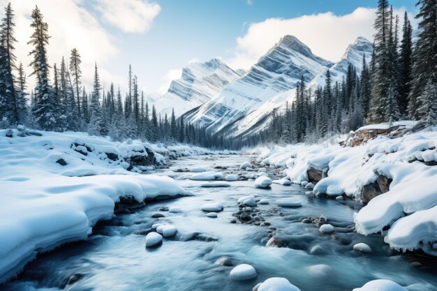 Photo une rivière qui coule à travers une forêt couverte de neige