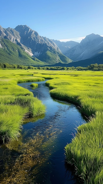 Une rivière qui serpente à travers un champ d'herbe verte et luxuriante avec des montagnes en arrière-plan.