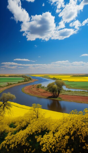 Rivière qui traverse un champ vert luxuriant ai générative