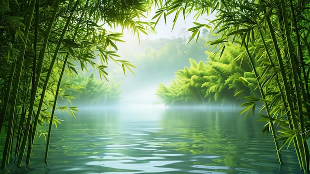 Une rivière qui traverse la forêt de bambou