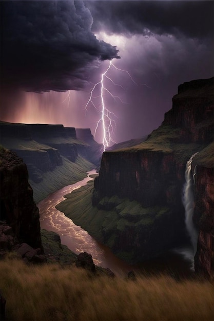 Rivière qui traverse une vallée verdoyante sous un ciel nuageux ai génératif