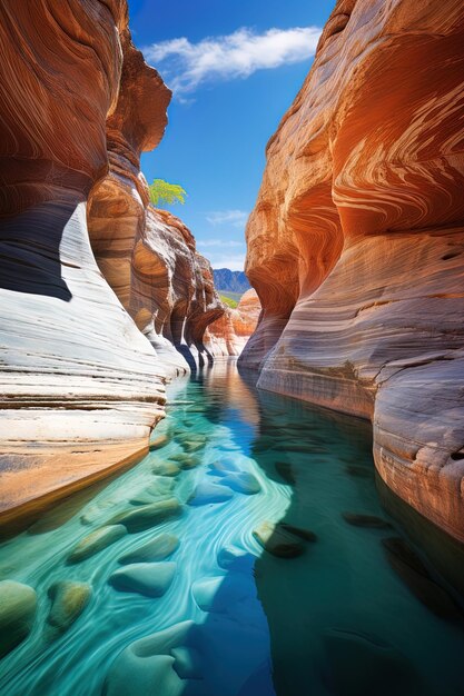 une rivière avec un reflet et un arbre dans l'eau