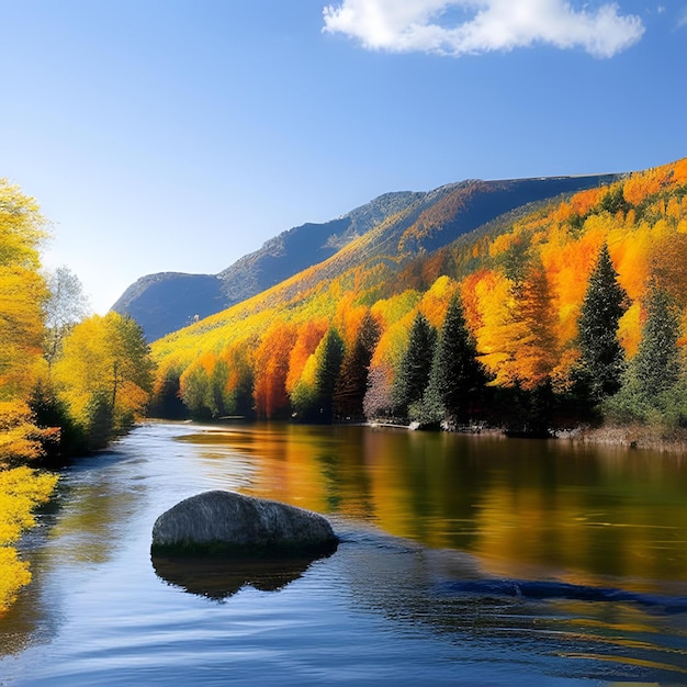 Une rivière avec un rocher au milieu et des arbres avec les montagnes en arrière-plan.