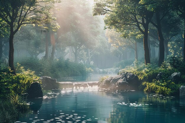 Une rivière sereine qui serpente à travers une forêt tranquille