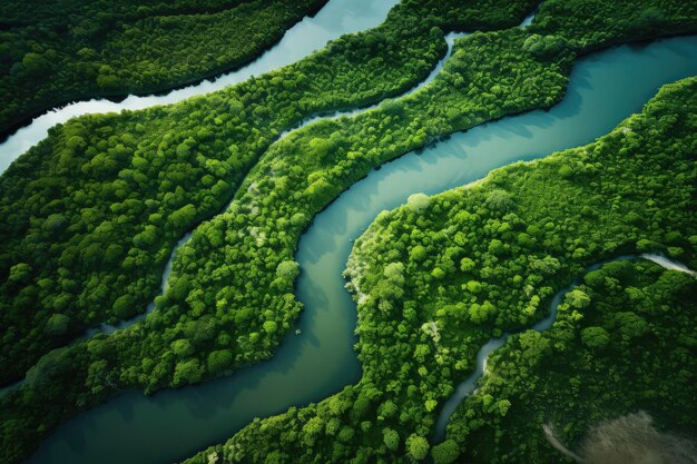 Photo une rivière sinueuse coule à travers des forêts denses.