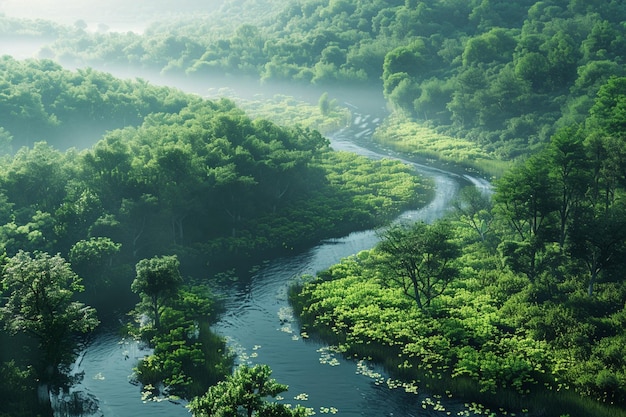 Une rivière sinueuse flanquée d'une verdure luxuriante